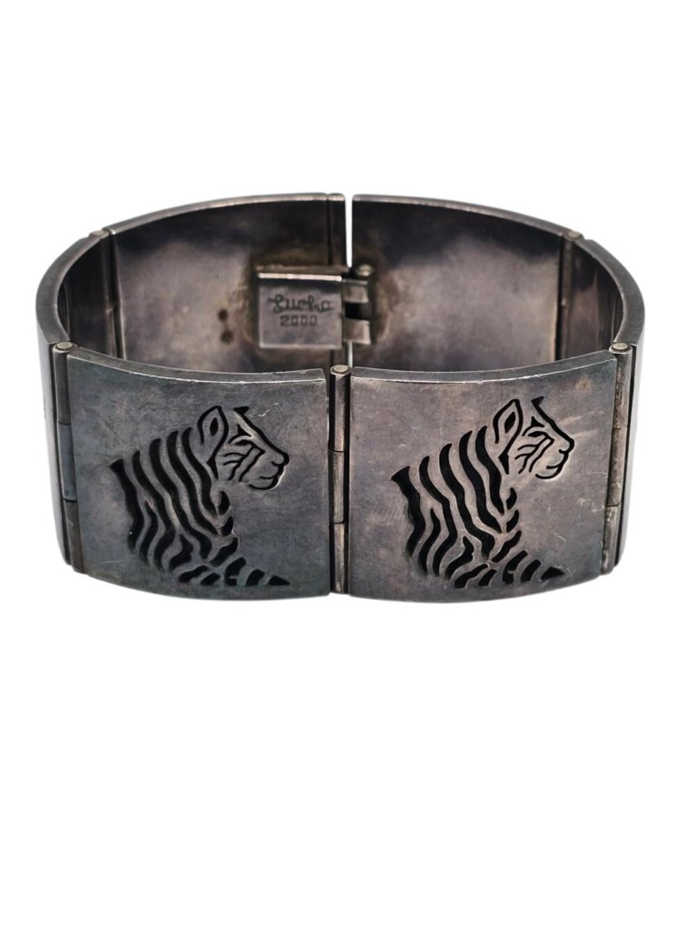 Los Ballesteros Taxco Mexico Sterling Silver Tiger Cut-Out Panel Bracelet #25172